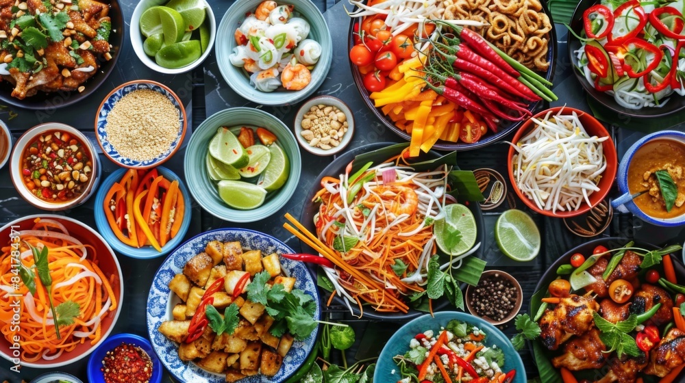 A colorful Thai food spread featuring som tam, grilled chicken, pad thai, and other popular dishes.