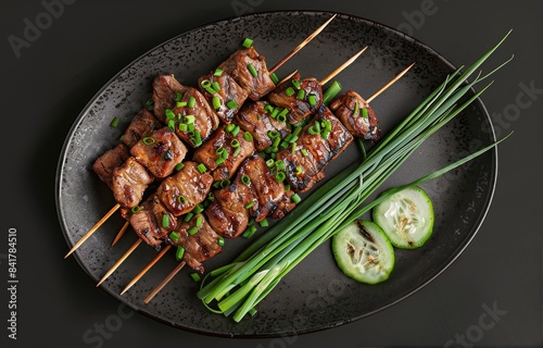 Grilled Meat Skewers With Green Onions and Cucumber Slices on Black Plate