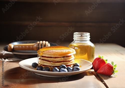Stack of Pancakes With Fresh Berries and Syrup on Wooden Table