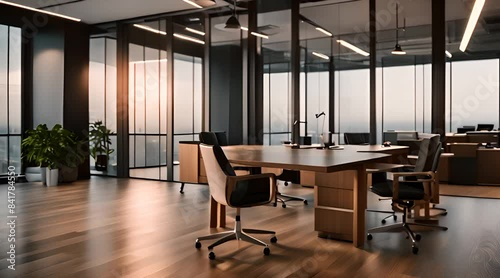 Modern office interior with glass walls and furniture. Workspace design concept
