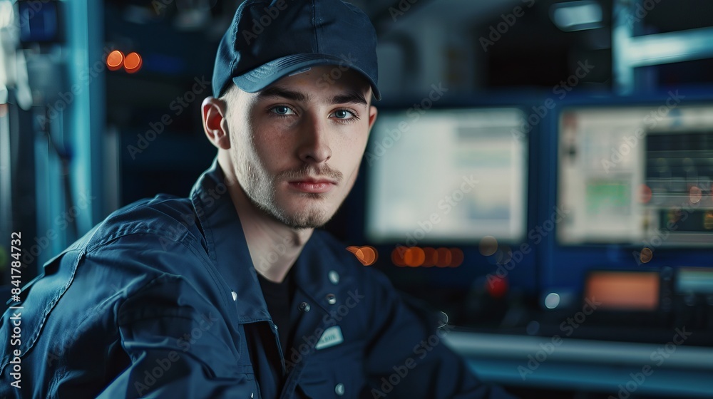 a database expert sitting in his office in front of monitors and computers and giving a confident and resilient look , his expressions show that he enjoys and he is proud in his work a database expert sitting in his office in front of monitors and computers and giving a confident and resilient look , his expressions show that he enjoys and he is proud in his work