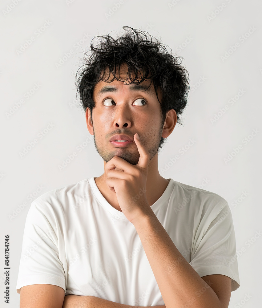 Close up portrait of a confused minded Asian man isolated on white background. AI Close up portrait of a confused minded Asian man isolated on white background. AI