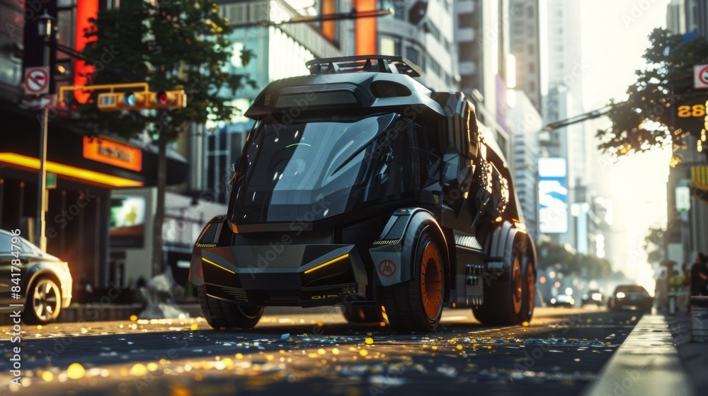Fototapeta premium A futuristic waste collection vehicle with robotic arms, showcasing sleek industrial design in a bustling urban street, emphasizing efficiency and innovation. 