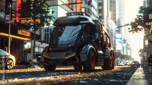 A futuristic waste collection vehicle with robotic arms, showcasing sleek industrial design in a bustling urban street, emphasizing efficiency and innovation.  photo