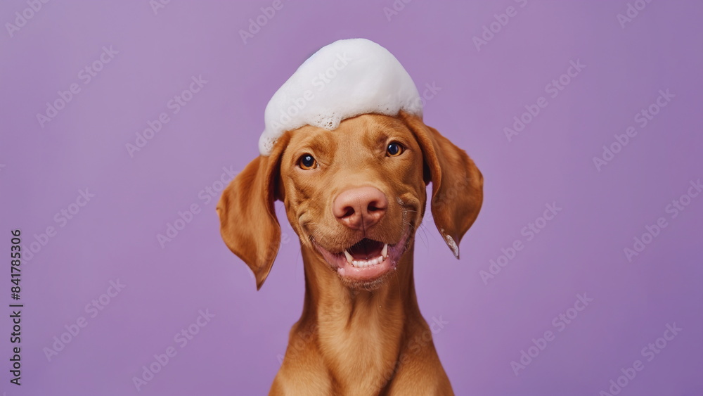 Smiling vizsla dog is sitting on a blue background in soap suds. The concept of a dog care banner or a grooming salon with copy space