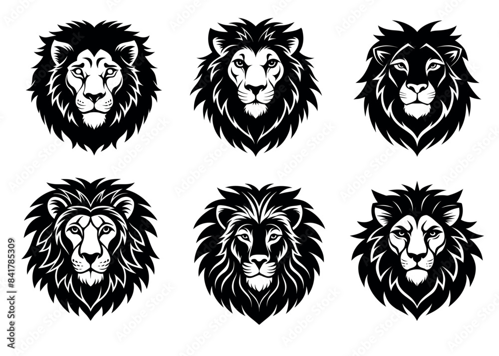 set of 3 lion head angry roaring logo vector silhouette, shows power and strenght.