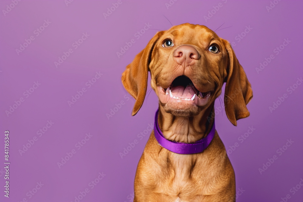 A cheerful dog on a purple background with space to copy. For a banner, postcard, calendar, advertisement of a veterinary clinic, pet store, grooming salon A cheerful dog on a purple background with space to copy. For a banner, postcard, calendar, advertisement of a veterinary clinic, pet store, grooming salon