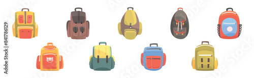Colorful Backpack and Rucksack with Shoulder Strap Vector Set. © topvectors