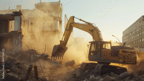 Wallpaper Mural A powerful excavator dominates a dusty construction site, tearing down buildings in the warm glow of sunset, symbolizing transformation and progress. Torontodigital.ca