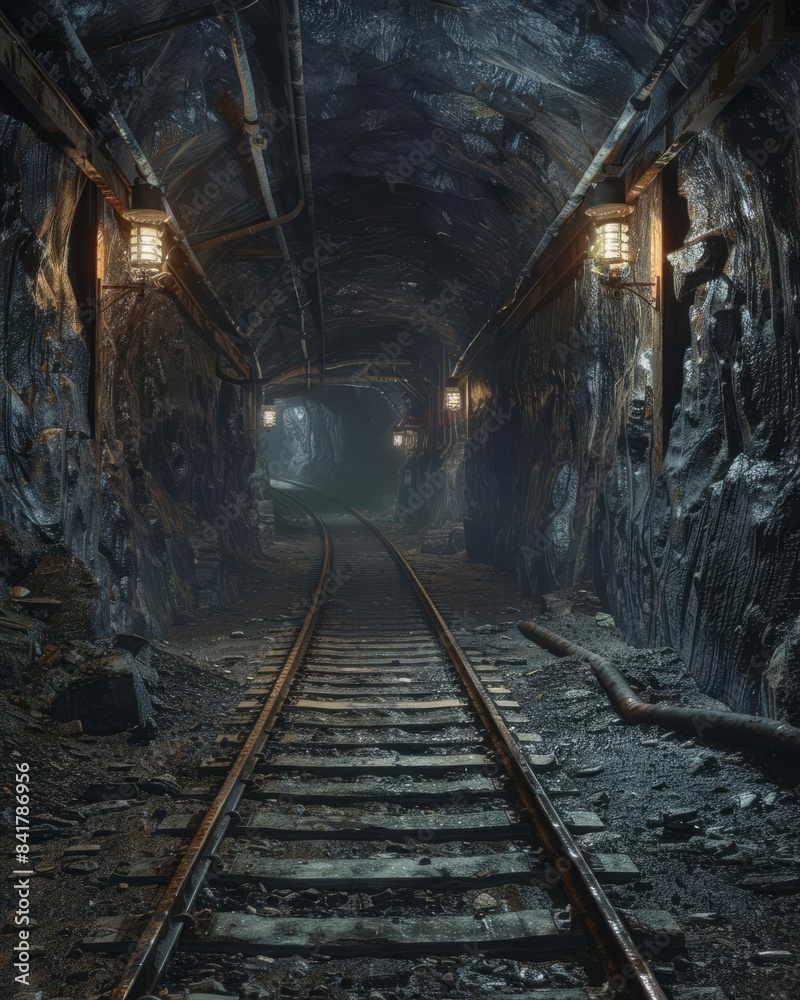 Abandoned mining tunnel with tracks, dark and mysterious, glowing lamps, high detail