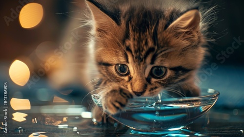 A curious kitten exploring a water bowl, tentatively dipping its paw in. photo