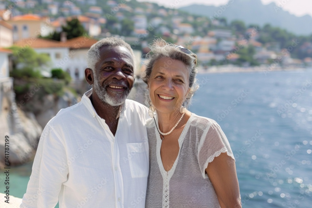 Obraz premium Portrait of a glad mixed race couple in their 70s wearing a classic white shirt isolated on picturesque seaside village