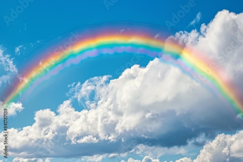 Above the clouds  a rainbow decorates the sky with colors and light