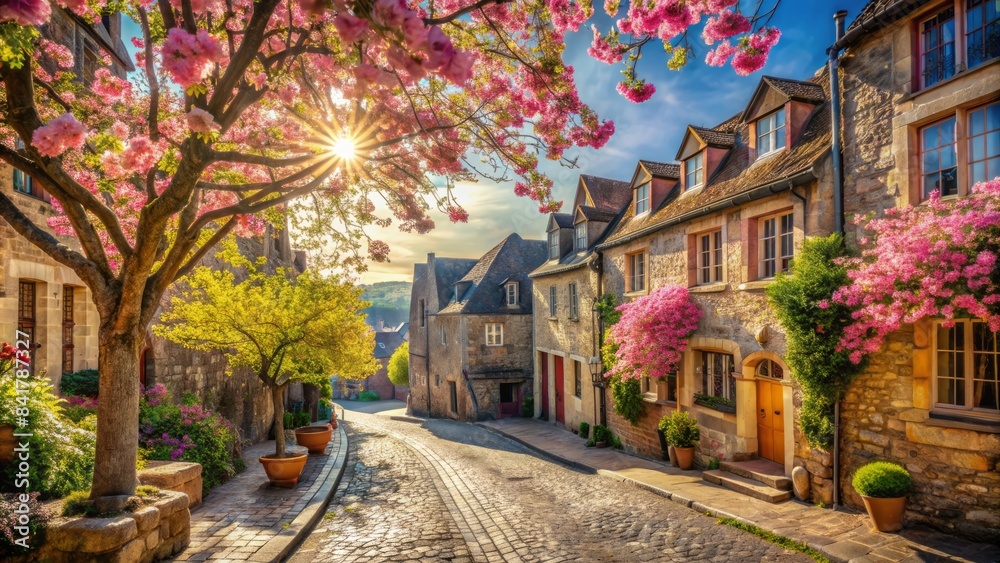 Fototapeta premium Sunny city street scene with blossoming trees, vibrant flowers, and old stone buildings, capturing warmth and joy, perfect for depicting friendship and togetherness.