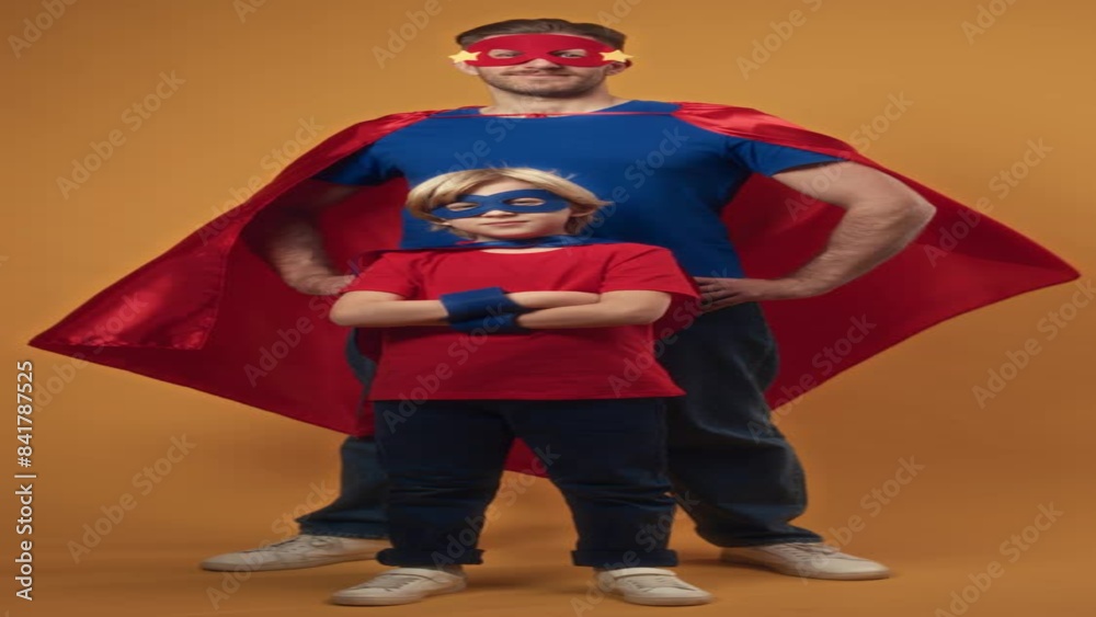 Vertical full shot portrait of Caucasian young adult man and tween boy both dressed like superheroes standing on yellow background with wind blowing their capes Vertical full shot portrait of Caucasian young adult man and tween boy both dressed like superheroes standing on yellow background with wind blowing their capes