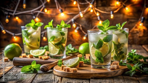 Vibrant mojito cocktails with fresh mint leaves and lime wedges on a rustic wooden bar surrounded by empty glasses and appetizing snacks under warm string lights.