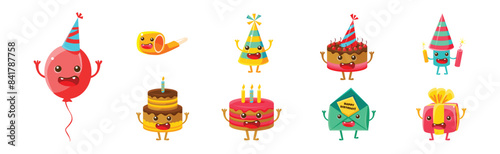 Happy Birthday Object with Funny Face and Arms Vector Set