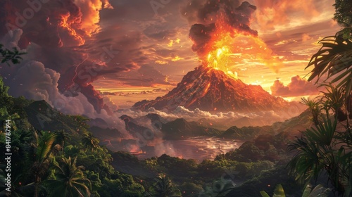 A distant shot of a volcano erupting  with a foreground of lush green forest contrasting the fiery explosion.