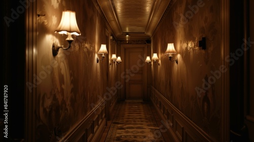 A dimly lit hallway with vintage wall lamps casting an eerie glow  perfect for a mysterious or haunted setting.