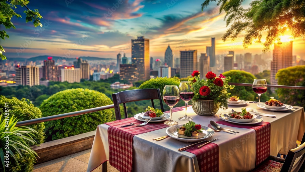 Vibrant rooftop dinner setting with elegant tablecloth, fine china, and glasses of red wine, surrounded by lush greenery and stunning cityscape views. Vibrant rooftop dinner setting with elegant tablecloth, fine china, and glasses of red wine, surrounded by lush greenery and stunning cityscape views.
