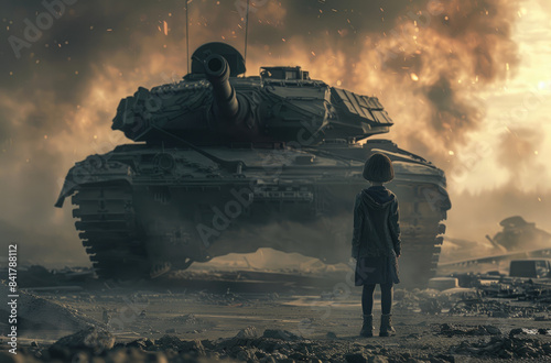 A child stands in front of the tank, facing away from the camera, looking up at it with curiosity and wonder. 