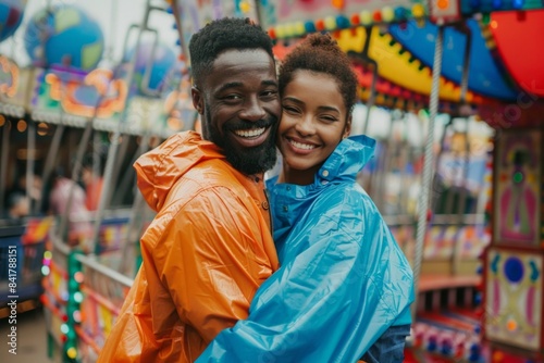 Portrait of a joyful multicultural couple in their 30s wearing a vibrant raincoat isolated in vibrant amusement park