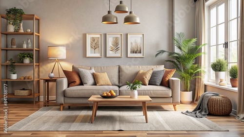 Cozy living room interior with stylish furniture, empty sofa, and neutral decor, conveying a sense of warmth and comfort in a newly acquired home.