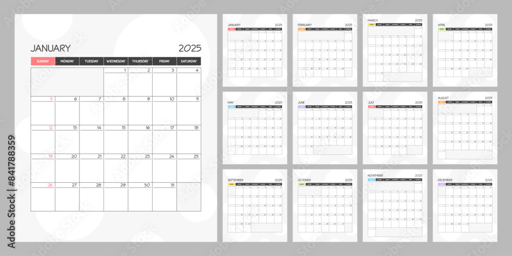 Monthly calendar rainbow square planner schedule for 2025 year. Week Starts on Sunday Monthly calendar rainbow square planner schedule for 2025 year. Week Starts on Sunday