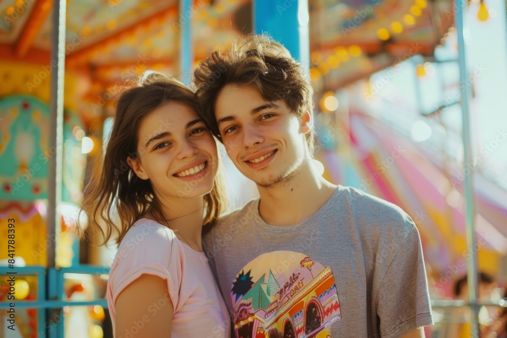 Portrait of a satisfied couple in their 20s dressed in a casual t-shirt isolated in vibrant amusement park Portrait of a satisfied couple in their 20s dressed in a casual t-shirt isolated in vibrant amusement park