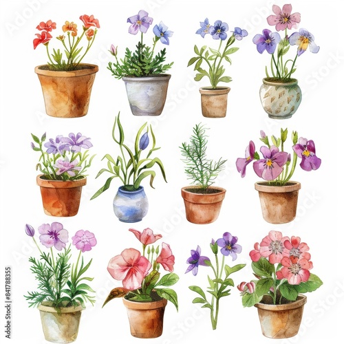 A delightful collection of watercolor featuring beautiful flowers in pots © Thi