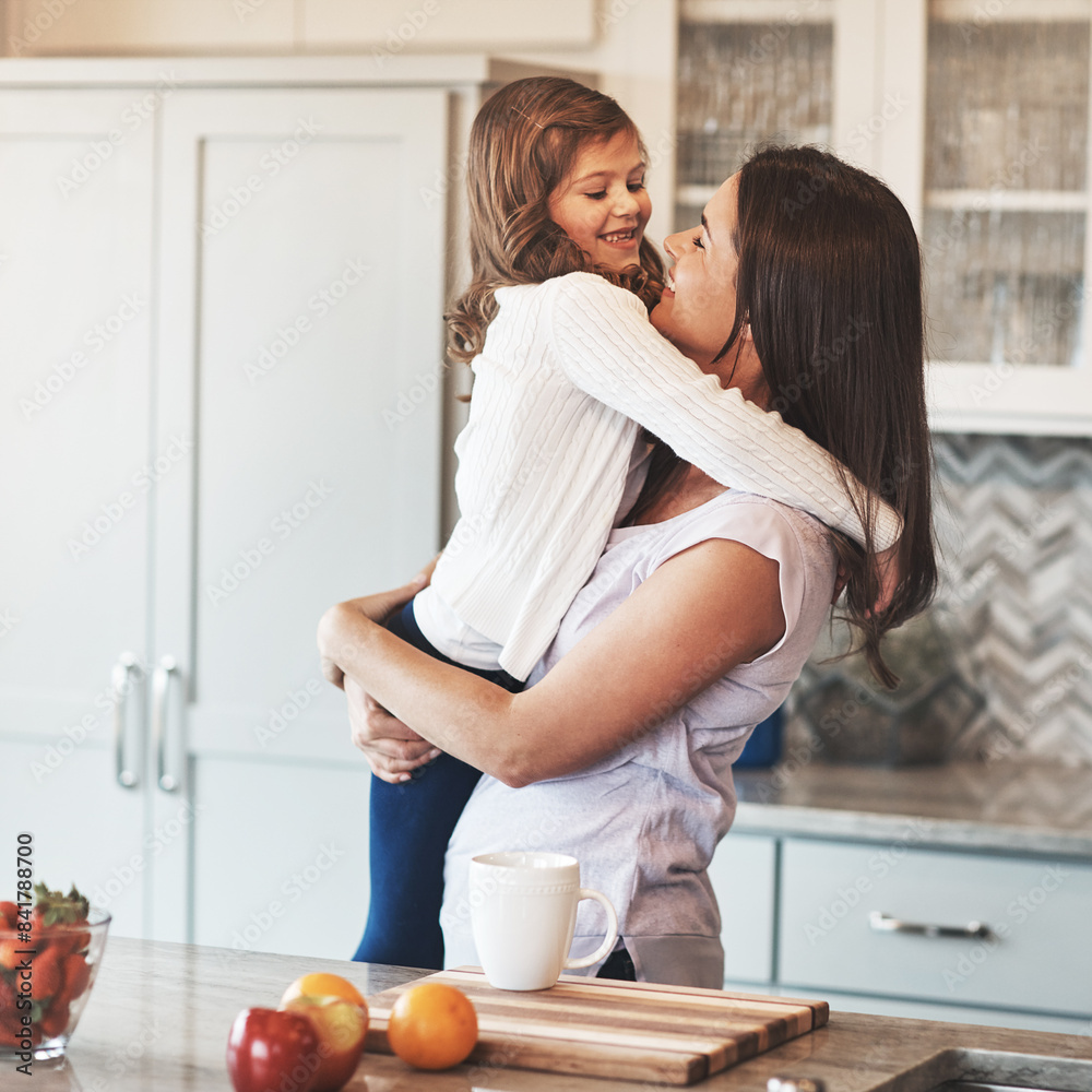 Bonding, mother and hug with girl, kitchen counter or smile in weekend, house and kid with love. Home, child and mom with daughter, embrace and together in morning, peace or breakfast in apartment