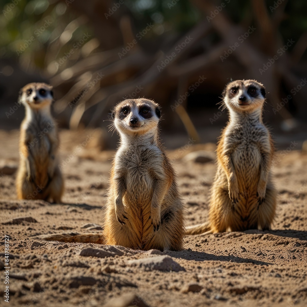 three meerkats are sitting in the sand, one of them has a picture of them. three meerkats are sitting in the sand, one of them has a picture of them.