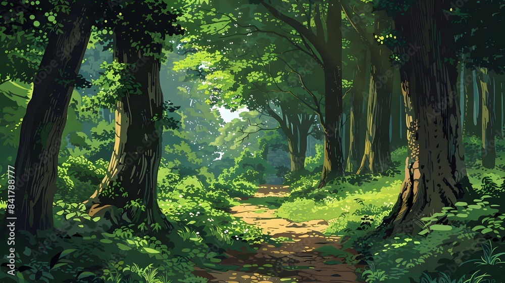 Naklejka premium Sunlit path through a dense, lush, green forest. Vibrant, serene atmosphere with towering trees and abundant foliage on a bright summer day.
