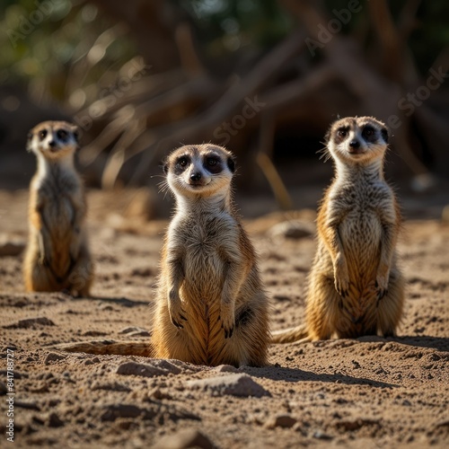 three meerkats are sitting in the sand, one of them has a picture of them. © iman