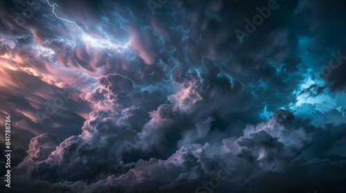 A dramatic sky filled with dark storm clouds and flashes of lightning  capturing the raw power and beauty of a thunderstorm.