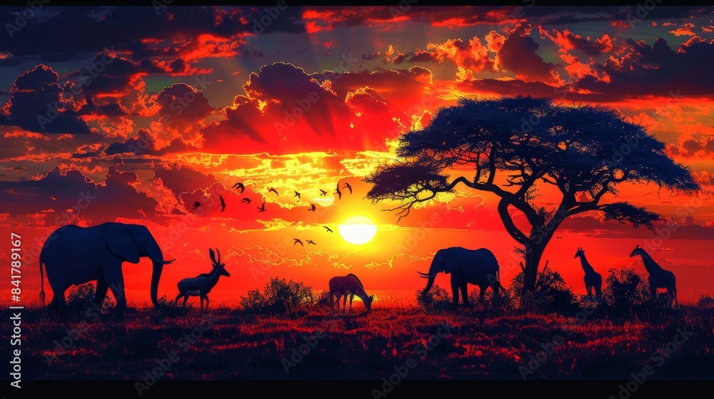 A group of animals are gathered around a tree in the wild A group of animals are gathered around a tree in the wild