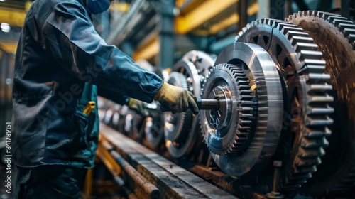 A worker using a wrench on large gear wheels, showcasing maintenance work in an industrial setting