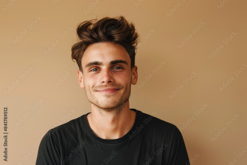 A close up portrait of a young man with a subtle smile A close up portrait of a young man with a subtle smile