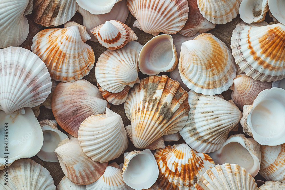 Beautiful background, colorful shells, top view, texture, background photo. Advertising banner Beautiful background, colorful shells, top view, texture, background photo. Advertising banner