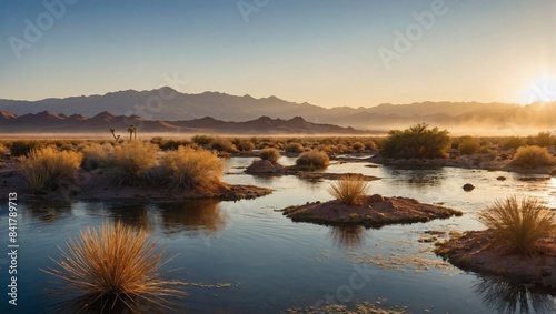 Desert oasis at sunrise, Misty mountains, an oasis lake, and morning light under clear skies. © xKas
