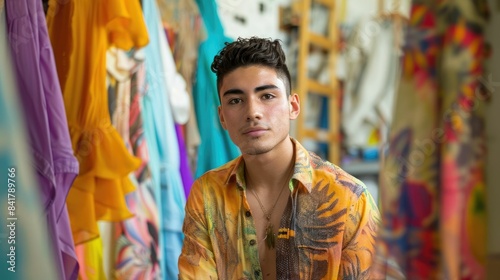The picture of the hispanic male fashion designer working inside cloth workshop or studio that has been filled with various colorful cloth, the fashion designer require creative and detailed. AIG43.