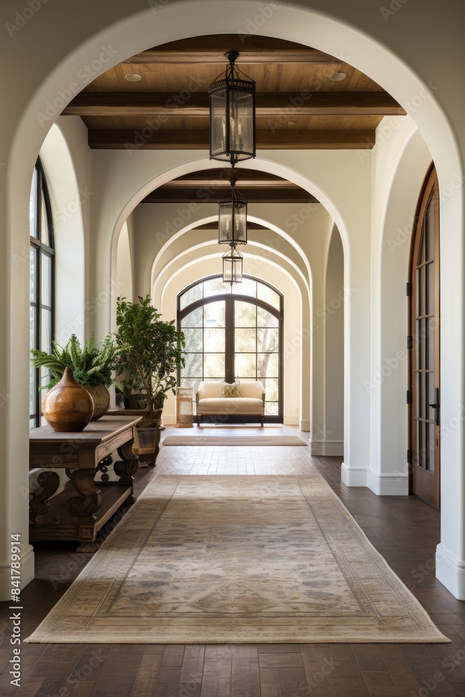 Timber beam ceiling and arched door in mediterranean style