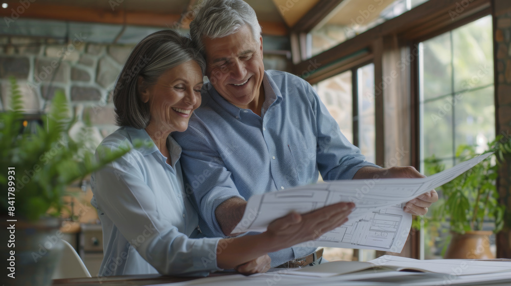 A happy couple, clad in casual attire, beams while examining architectural plans in a bright, cozy setting, with a focus on greenery. A happy couple, clad in casual attire, beams while examining architectural plans in a bright, cozy setting, with a focus on greenery.