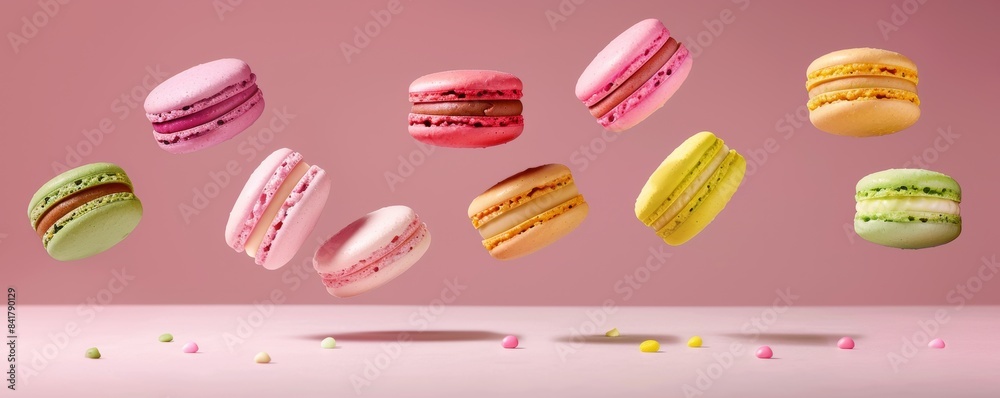 Colorful macarons levitating against pink background, sweet dessert concept Colorful macarons levitating against pink background, sweet dessert concept