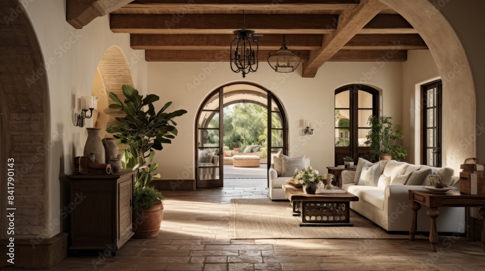 Fototapeta premium Timber beam ceiling and arched door in mediterranean style