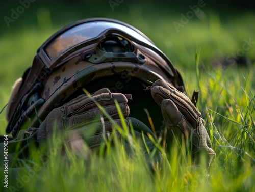 A close-up of a camouflage military helmet and gloves lying in tall green grass  bathed in sunlight.