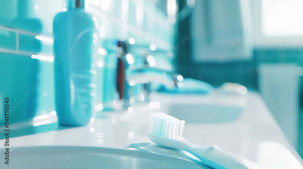 The background overlooks a bluish bathroom, with a washbasin and a white toothbrush lying in the foreground. Copy space. The background overlooks a bluish bathroom, with a washbasin and a white toothbrush lying in the foreground. Copy space.