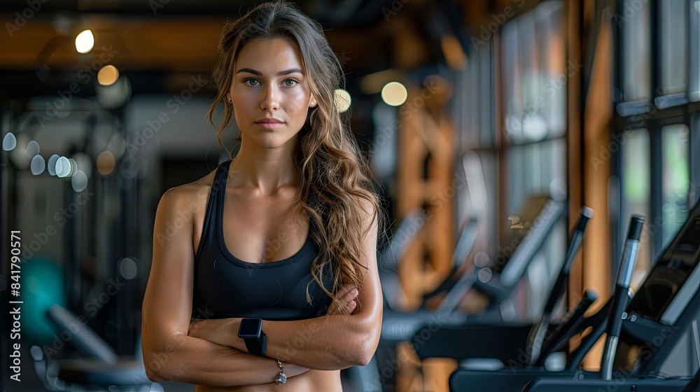 A beautiful girl in a sports top after a workout at the gym, looking at the camera