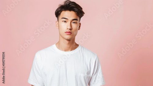 A portrait of a young man with a clean and minimalist aesthetic, set against a soft pink background, capturing a straight-faced pose.