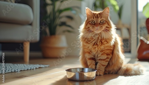 An orange cat sits next to an empty stainless steel bowl on the living room floor